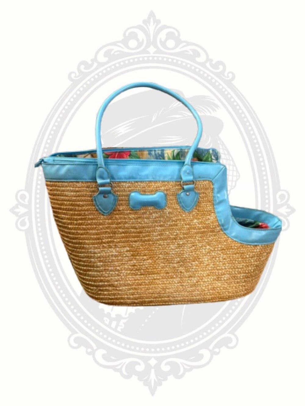 Blue Straw Pet Carrier Dog Tote Bag Tropical Lining Small Dog Travel Carrier